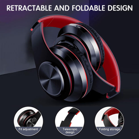 Bluetooth Wireless Over Ear Headphones, HiFi Stereo Sound Foldable Headphones,Colorful LED Lights Headphones with Built-in Mic,Wired for School/Tablet Computer/PC/TV/Cellphones/Travel (Black Red)