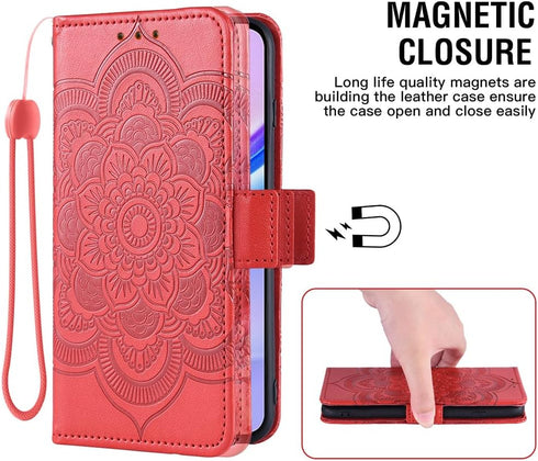 Asuwish Wallet Cover for Samsung Galaxy A15 5G, Red, with Tempered Glass Screen Protector and Leather Flip
