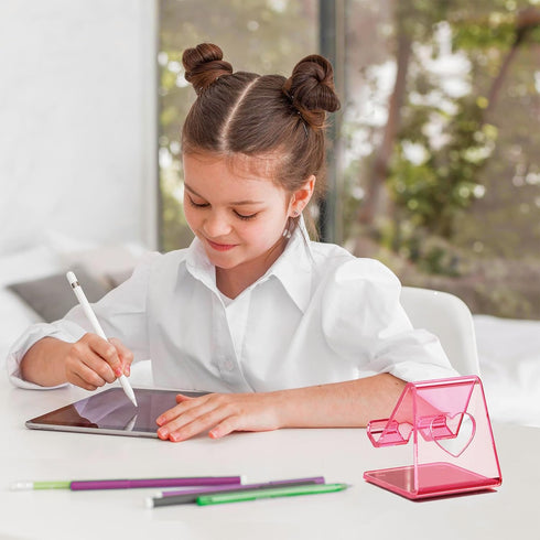 Crpich Acrylic Cell Phone Stand, Portable Clear Pink Phone Holder for Desk, Compatible with iPhone 15/14/13/12/11 Pro
