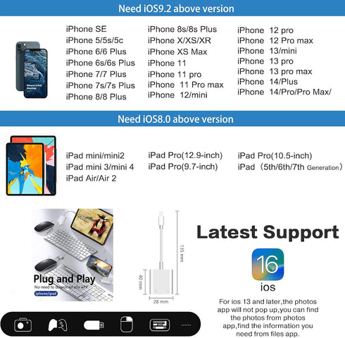 Lightning to USB Camera Adapter for iPhone, USB 3.0 Female OTG Cable for iPad to Connect Card Reader, USB Flash Drive