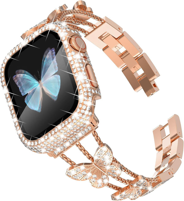 Wingle Rose Gold Apple Watch Bands 45mm for Women - iWatch Series 8 7 Butterfly Diamond Bracelet with Bling Screen