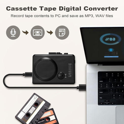 Cassette Cassette MP3 Portable Player & Recorder, Tape to Digital Converter, AM/FM Radio Station, Reverse Recording