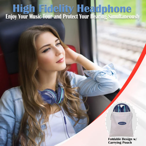 SIMOLIO Headphones Wired for Kids School Travel, Safe Volume 85dB/94dB/104dB, Over-Ear Boys Headphones with Microphone & Shareport, Foldable Sturdy & Adjustable Headset for Teens Adult Blue