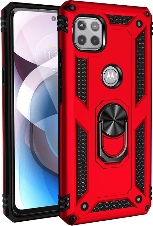 Military Grade Drop Impact Moto One 5G Ace Case, Red Heavy Duty Shockproof Armor with 360 Metal Rotating Ring Kickstand