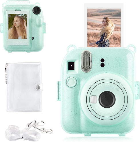 Rieibi Clear Case for Fuji Instax Mini 12, Glitter Case Bag with Back Pocket, Strap, and Photo Album