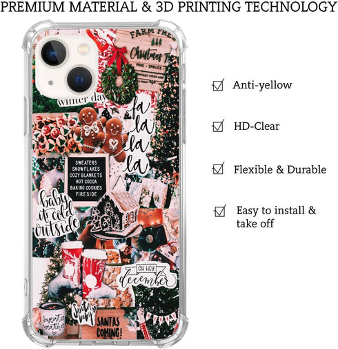 Retro Aesthetic Christmas Holiday Collage Case for iPhone 13, Gingerbread and Tree Pattern, Unique TPU Bumper Cover for