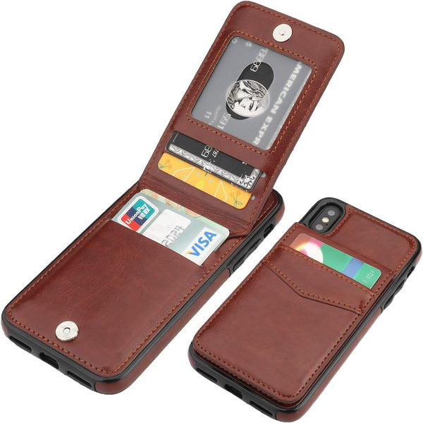 KIHUWEY Wallet Case for iPhone X/Xs - Premium Leather with Credit Card Holder, Heavy Duty Protective Cover (Brown)