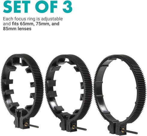 Movo FR3 Adjustable Follow Focus Ring Set of 3, 65mm, 75mm, and 85mm Lens Gear Rings, Standard 32 Pitch - 0.8 mod