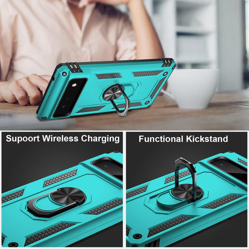 IKAZZ Google Pixel 6 Case, Military Grade Shockproof Heavy Duty Protection with Magnetic Kickstand, Turquoise