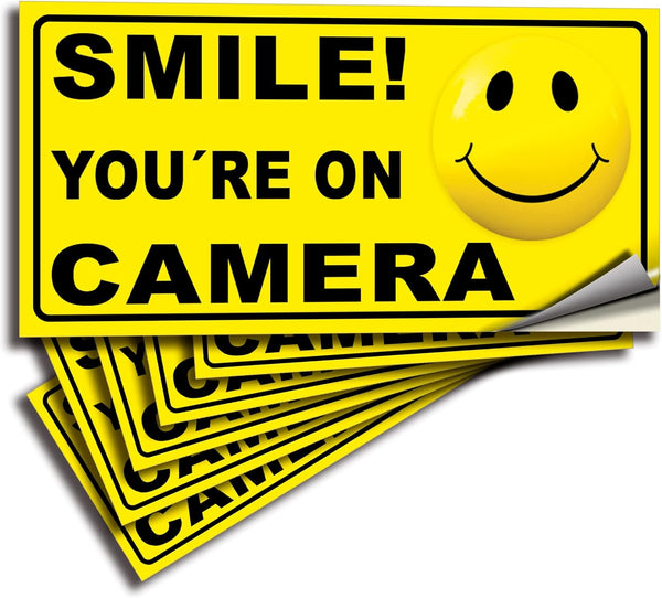 iSYFIX Smile You're on Camera Stickers for Business, 6 Pack 4x2 Inch, Self-Adhesive Vinyl Decal
