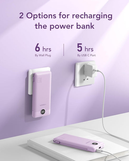 VEGER Portable Charger 10000mAh for iPhone, Built-in Cables and Wall Plug, Slim Fast Charging Power Bank - Purple