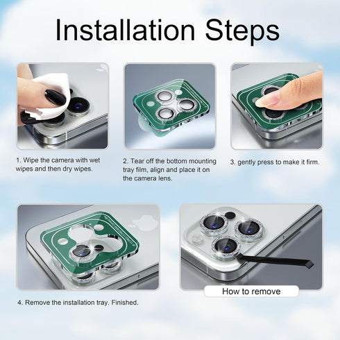iPhone 15 Pro/Pro Max Camera Lens Protector Bling - 9H Tempered Glass, Metal Ring, Silver Glitter Decoration Accessory.