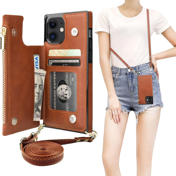 Bocasal Crossbody Wallet Case for iPhone 12/12 Pro, Card Holder, Zipper Slot Protector, 6.1 Inch, Brown