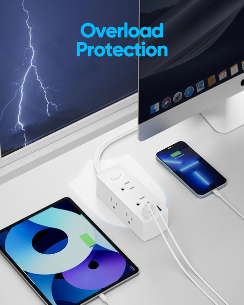 Flat Plug Power Strip, Olcorife 5ft Flat Extension Cord with 6 Outlets, 3 USB Ports (1 USB C), Surge Protector for Home