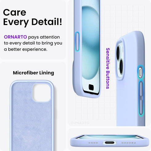 ORNARTO 15 6.7", 3 Compatible with iPhone Plus Case Slim Liquid Silicone Layers Full Covered Soft Gel Rubber Cover