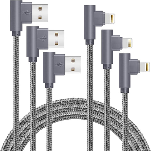 6FT 90 Degree iPhone Charging Cable 3 Pack - 2.4A Super Fast Charging for iPhone Xs Max/XS/XR/7/8/6S/SE (Gray)
