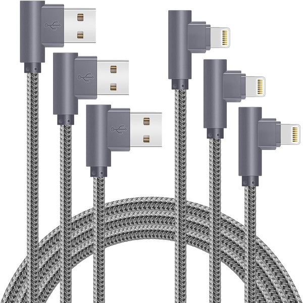 6FT 90 Degree iPhone Charging Cable 3 Pack - 2.4A Super Fast Charging for iPhone Xs Max/XS/XR/7/8/6S/SE (Gray)