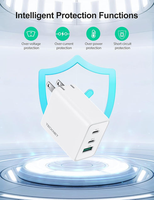 TECKNET 65W USB C Charger PD 3.0 GaN, Foldable Adapter with 3-Port Fast Wall Charger for iPhone 15 Pro Max/15