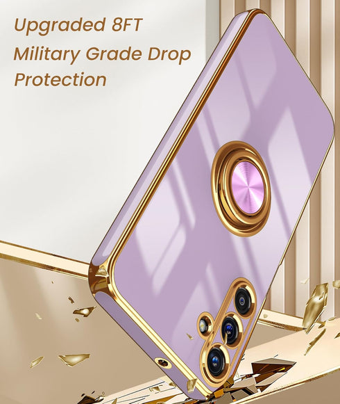 Dretal Galaxy A15 5G Case - Slim TPU, Screen Protector, 360° Rotatable Ring Holder, Magnetic Kickstand, Gold Edge