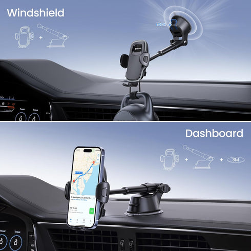 Car Phone Holder for Dashboard & Windshield, 360° Adjustable Suction Cup Holder for 4.8-7" Smartphones, Bumpy Roads