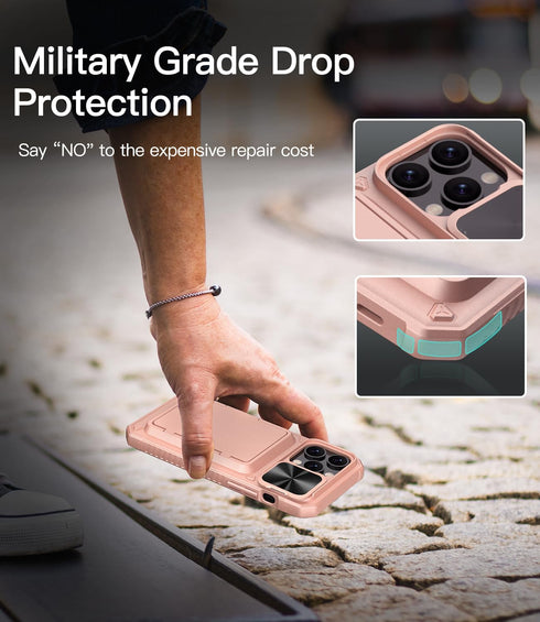 iPhone 15 Pro Max Case with Wallet, Built-In Slide Camera Cover & Credit Card Holder, Military Grade Drop Protection