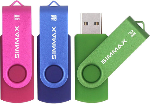 SIMMAX 3 Pack 32GB Memory Stick USB 2.0 Flash Drives Swivel Thumb Drive