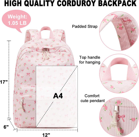 Backpack 17 inch Floral-1) BTOOP School for Girls Teens Large Corduroy Bookbag Lightweight Casual High School College