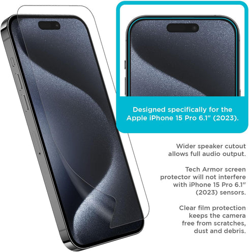 Tech Armor HD Clear Screen Protector for iPhone 15 Pro 6.1" - Premium Quality, Easy Install, 4 Pack, Ultimate Display