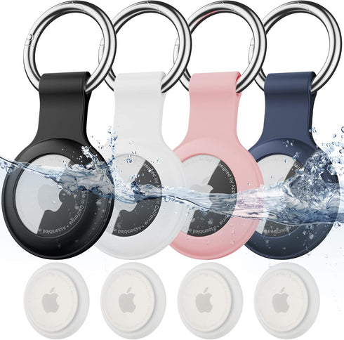 4 Pack IPX8 Waterproof AirTag Keychain, Soft Silicone Holder Case Key Ring for Luggage, Keys, Dog Collar