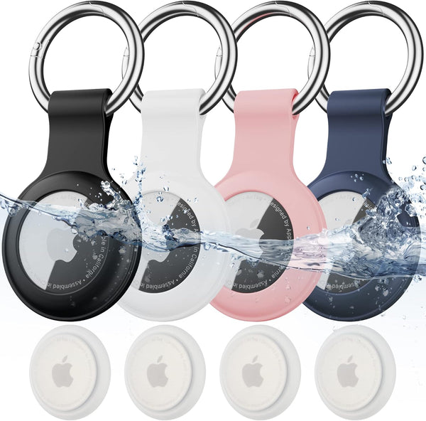 4 Pack IPX8 Waterproof AirTag Keychain, Soft Silicone Holder Case Key Ring for Luggage, Keys, Dog Collar