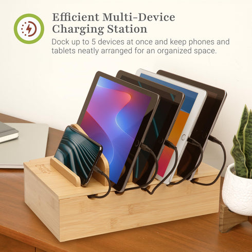 Prosumer's Choice 5-Port Wooden Charging Station Organizer - Base for Phones, Tablets and Laptops - Multi-Device