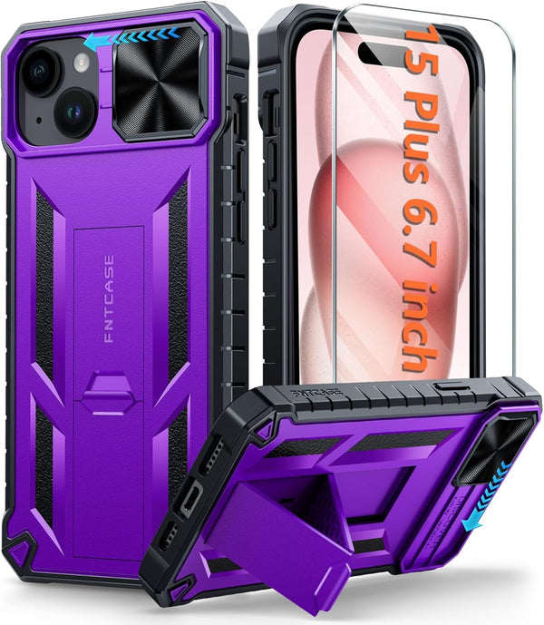 FNTCASE Heavy Duty Shockproof Cover for iPhone 15 Plus, Rugged Military Grade Protection with Kickstand, Purple