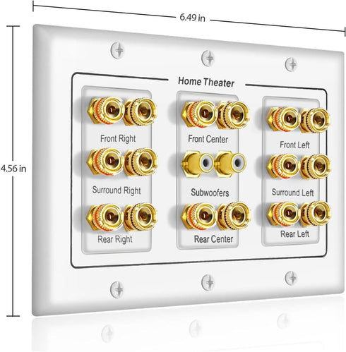 16 Banana Post and 2 RCA Speaker Wall Plate for Home Theater Audio, Compatible with 5 6 7.1/7.2 or 8.1/8.2 Subwoofers