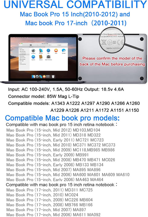 Mac Book Pro Charger, 85W L-Tip Replacement AC Power Adapter for Mac Book Pro 15-Inch and 17-inch Models