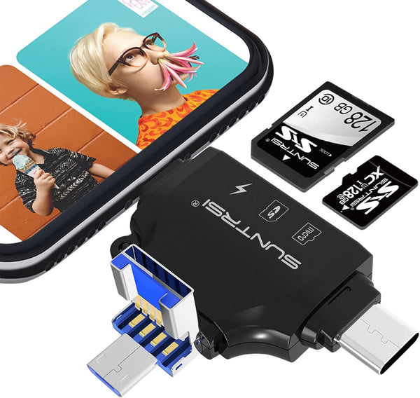 4 in 1 SD Card Reader for iPhone, iPad, Android, Mac, Portable Memory Card Reader for SD and TF Card