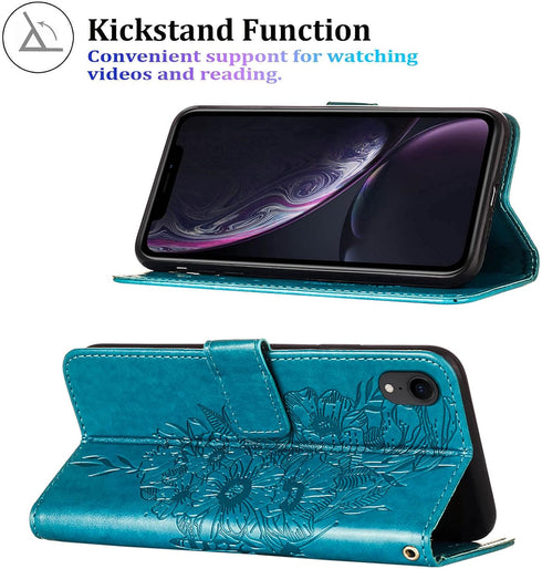 Phone Case for iPhone XR Wallet, Butterfly Floral Embossed PU Leather Flip Cover with Card Holder and Wrist Strap