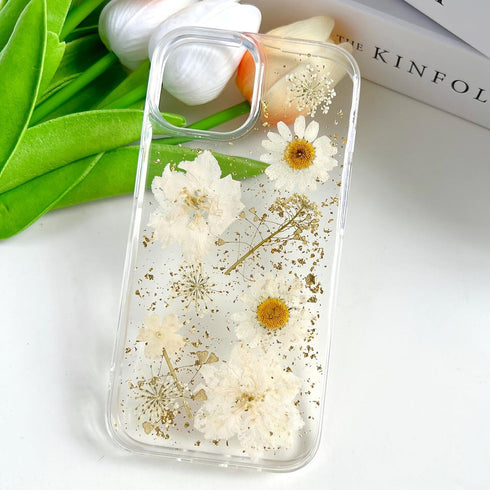 Clear Case for iPhone 13/14/15 with Pressed Real Flowers Design, Glitter Cute White Floral Pattern Soft TPU Cover