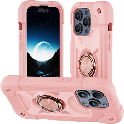 iPhone 15 Pro Case 6.1" - Rugged Military-Grade Shockproof Cover with Ring Stand, Glass & Camera Lens Protectors (Pink)