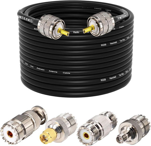 Ham Radio Coax Cable - RG58 50 Ohm, 23M (75FT), with 4-Pack Adapters for CB and Amateur Radio