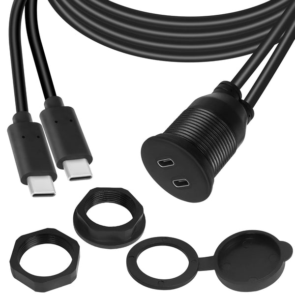 QIANRENON 2 USB C Threaded Flush Mount Waterproof Cable, Dual USB C 2.0 Male to Female Car Dash Mount Extension Cable