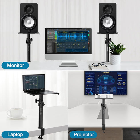 Set of 2 Height Adjustable Studio Monitor Speaker Stands, 12" to 18" with Desk Clamp for Desktop Use.