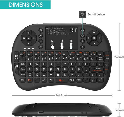 Rii Mini Wireless Keyboard with Touchpad, Backlit Portable for Laptop/PC/Tablets