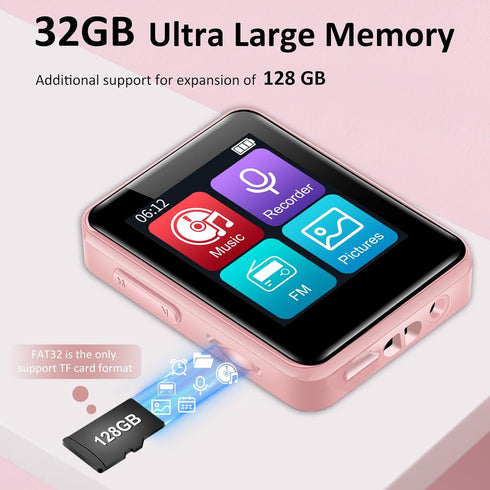 VANSING MP3 32GB MP3 1.8 inch 512GB(Pink) Player with Bluetooth, Portable Bluetooth Player for Kids, Music Player