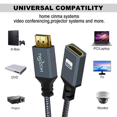 Twozoh 6.6FT, 2.0 4K@60Hz 3D HDMI Extension Cable HDMI Male to Female HDMI Cord, HDMI Cable Adapter Support HDR