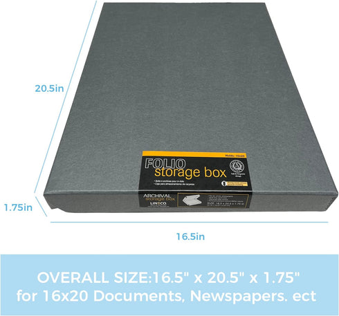 Lineco 16x20 Gray Archival Folio Storage Box - Metal Edge Clamshell Lid for Organizing Photos, Documents, Crafts