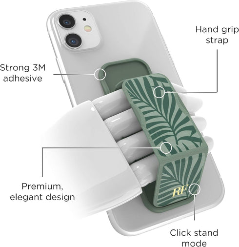 RICHMOND & FINCH Phone Grip Holder and Expanding Stand, Universal Finger Grip Kickstand Compatible with iPhone, Samsung and More, Multiple Viewing Angles, Dark Green Palms Design
