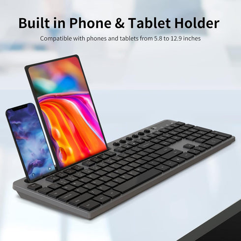 MARVO Wireless Keyboard and Mouse Combo, 2.4G Ergonomic Computer Keyboard with Phone Tablet Holder, Silent Mouse (Grey)