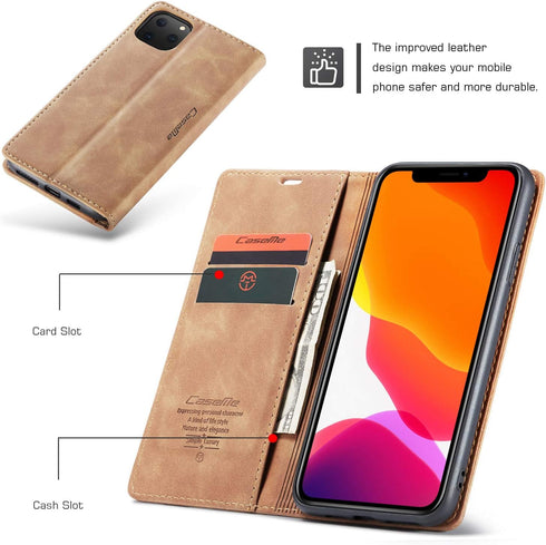 SINIANL iPhone 11 Leather Case, Book Folding Flip Case with Kickstand, Brown Protective Cover
