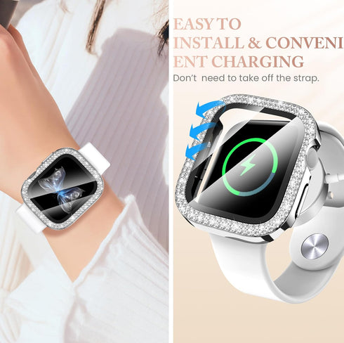 Goton Bling Screen Protector for Apple Watch Case 45mm Series 9 8 7, Double Glitter Diamond Rhinestone Cover