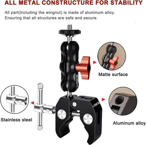 Super Clamp Camera Mount with Double Ball Head Adapter - 360° Rotation, Compatible with Canon Nikon DSLR, Gopro, LED
